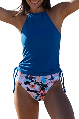Beachsissi Damen Zweiteiler Badeanzüge Gepolsterter Kordelzug Seitliche Bademode Neckholder Leopard Print Tankini Sets, Marineblau, XL von Beachsissi