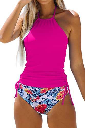 Beachsissi Damen Zweiteiler Badeanzüge Gepolsterter Kordelzug Seitliche Bademode Neckholder Leopard Print Tankini Sets, Mehrfarbig, L von Beachsissi