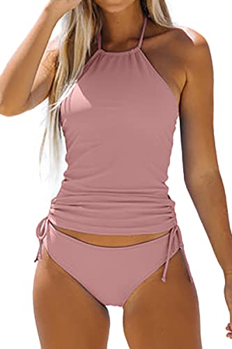 Beachsissi Damen Zweiteiler Badeanzüge Gepolsterter Kordelzug Seitliche Bademode Neckholder Leopard Print Tankini Sets, Rosa, L von Beachsissi