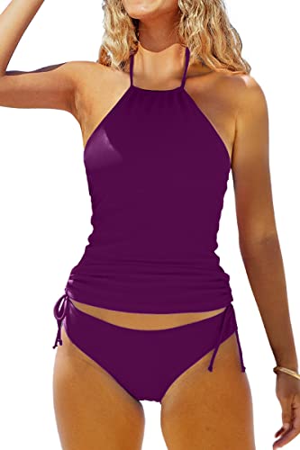 Beachsissi Damen Zweiteiler Badeanzüge Gepolsterter Kordelzug Seitliche Bademode Neckholder Leopard Print Tankini Sets, Violett, L von Beachsissi