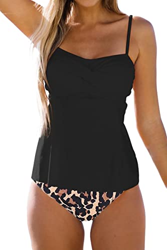 Beachsissi Damen Zweiteilige Badeanzüge Leopardenmuster Bikini Twist Vorne Badeanzüge Gepolsterte Niedliche Tankini-Sets (XL, Schwarz) von Beachsissi