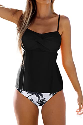 Beachsissi Damen Zweiteilige Badeanzüge Leopardenmuster Bikini Twist Vorne Badeanzüge Gepolsterte Niedliche Tankini Sets, Kokosnussbaum, L von Beachsissi