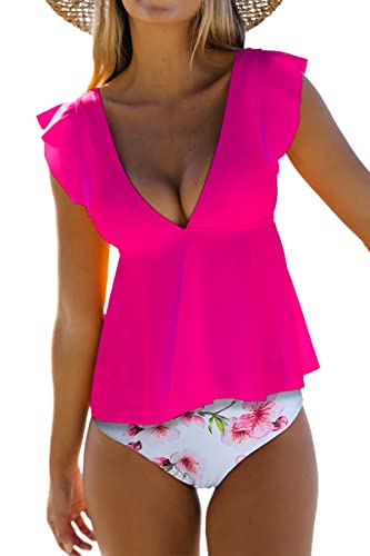 Beachsissi Damen Zweiteilige Badeanzüge mit Rüschenschulter Gepolsterte Badeanzüge V-Ausschnitt Tankini-Sets, Blumen, XL von Beachsissi