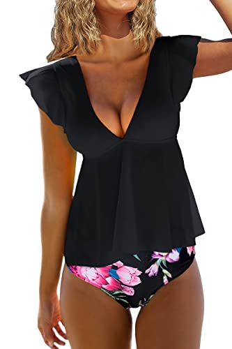 Beachsissi Damen Zweiteilige Badeanzüge mit Rüschenschulter Gepolsterte Badeanzüge V-Ausschnitt Tankini Sets, Schwarz, L von Beachsissi