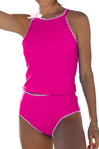 Beachsissi Damen Zweiteiliges Tankini Set mit Hoher Taille Rundhalsausschnitt und Hoher Taille, Rosa, L von Beachsissi