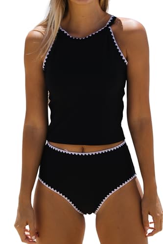 Beachsissi Damen Zweiteiliges Tankini Set mit Hoher Taille Rundhalsausschnitt und Hoher Taille, Schwarz, S von Beachsissi