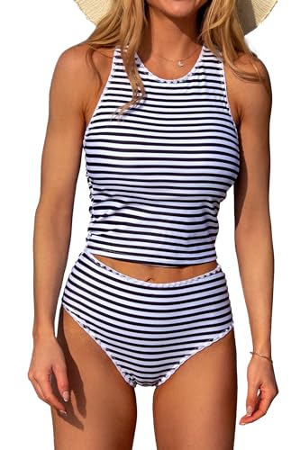 Beachsissi Damen Zweiteiliges Weißen Streifen und Rundem Ausschnitt Tankini Set, Streifen, M von Beachsissi