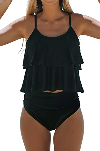 Beachsissi Tankini-Badeanzug, gestreift, hohe Taille, Bauchkontrolle, 2-teiliger Badeanzug, solide, schwarz, Large von Beachsissi