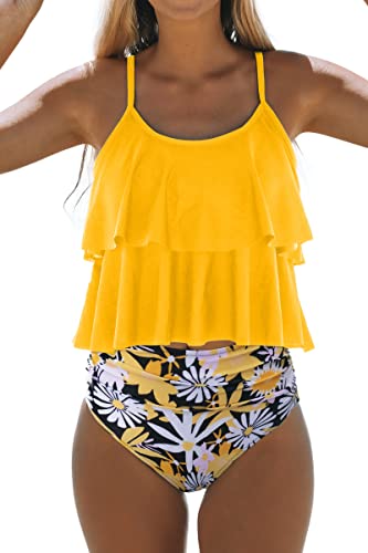 Beachsissi Tankini Badeanzug Stripe Print High Waisted Tummy Control 2-Teiler Badeanzug, Blumen, M von Beachsissi