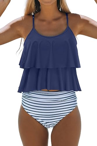 Beachsissi Tankini Badeanzug Stripe Print High Waisted Tummy Control 2-Teiler Badeanzug, Dunkelblau, M von Beachsissi