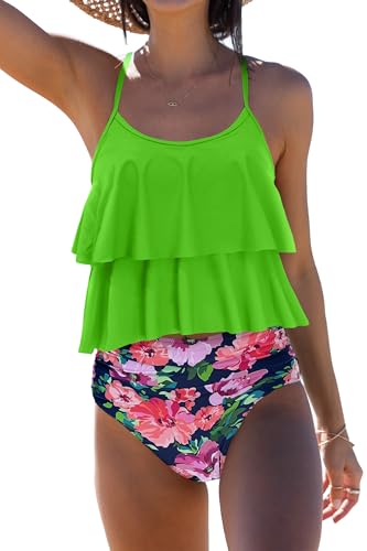 Beachsissi Tankini Badeanzug Stripe Print High Waisted Tummy Control 2-Teiler Badeanzug, Kalk, XL von Beachsissi