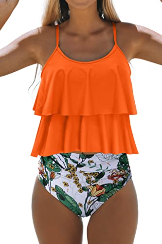 Beachsissi Tankini Badeanzug Stripe Print High Waisted Tummy Control 2-Teiler Badeanzug, Orange, L von Beachsissi