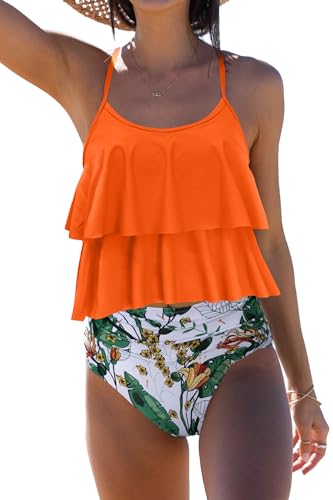 Beachsissi Tankini Badeanzug Stripe Print High Waisted Tummy Control 2-Teiler Badeanzug, Orange, S von Beachsissi