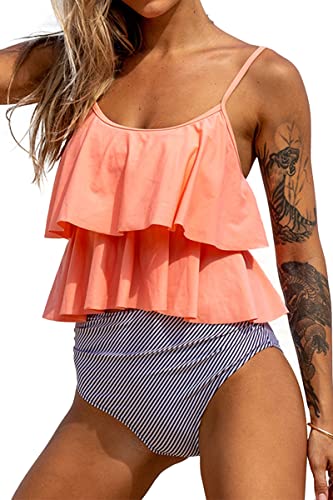 Beachsissi Tankini Badeanzug Stripe Print High Waisted Tummy Control 2-Teiler Badeanzug, Rosa, L von Beachsissi