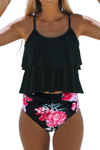 Beachsissi Tankini Badeanzug Stripe Print High Waisted Tummy Control 2-Teiler Badeanzug, SchwarzeBlume, L von Beachsissi