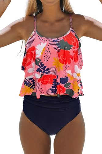 Beachsissi Tankini Badeanzug Stripe Print High Waisted Tummy Control 2-Teiler Badeanzug, Tomate, M von Beachsissi