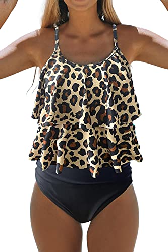 Beachsissi Tankini Badeanzug Stripe Print High Waisted Tummy Control 2-Teiler Badeanzug (S, Leopard) von Beachsissi