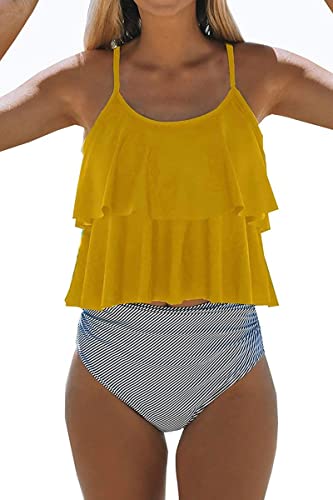 Beachsissi Tankini Bathing Suit Stripe Print High Waisted Tummy Control 2 Piece Swimsuit Yellow von Beachsissi