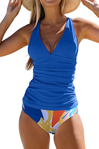 Beachsissi Tankini-Set für Damen, niedliches Blumenmuster, V-Ausschnitt, Bauchkontrolle, Tankini-Set, Blau, Medium von Beachsissi