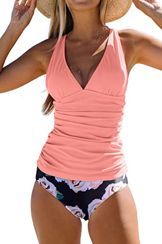 Beachsissi Tankini-Set für Damen, niedliches Blumenmuster, V-Ausschnitt, Bauchkontrolle, Tankini-Set, Pink, S von Beachsissi