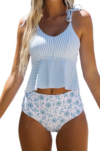 Beachsissi Damen Hoch taillierte Badeanzüge Krawatte Schulter Zweiteiler Bikini Streifen Print Rüschen Niedliche Tankini Sets, Blau, M von Beachsissi