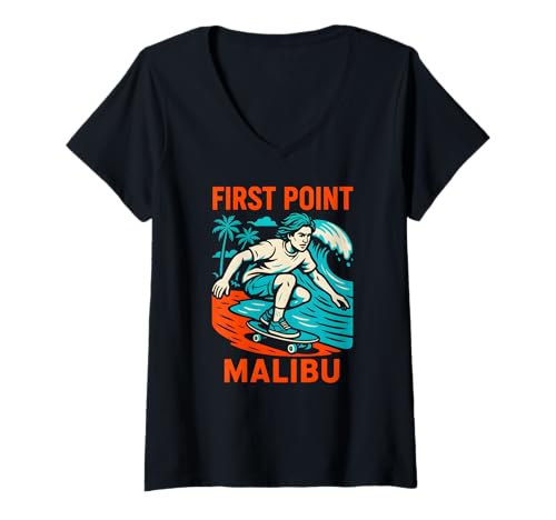 Damen Malibu Surfen First Point Vintage Herren Beach Life T-Shirt mit V-Ausschnitt von Beachy Vibes Malibu Surfs Up Skateboarding Wear