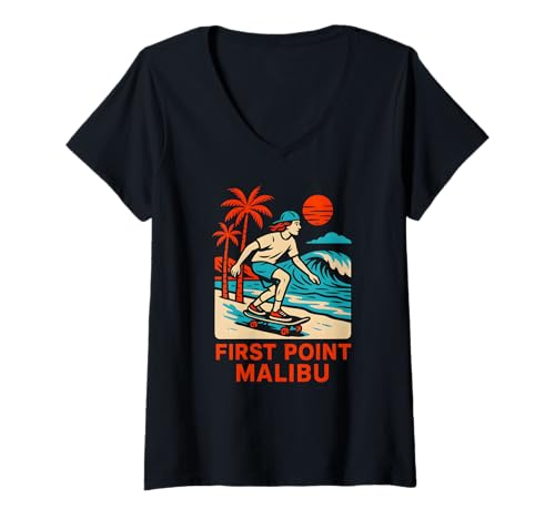 Damen Malibu Surfen First Point Vintage Herren Beach Life T-Shirt mit V-Ausschnitt von Beachy Vibes Malibu Surfs Up Skateboarding Wear