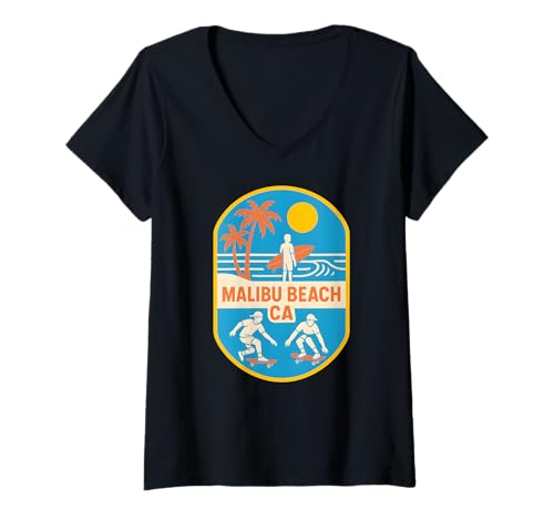 Damen Malibu Surfen Malibu Beach CA Retro Herren Beach Life T-Shirt mit V-Ausschnitt von Beachy Vibes Malibu Surfs Up Skateboarding Wear