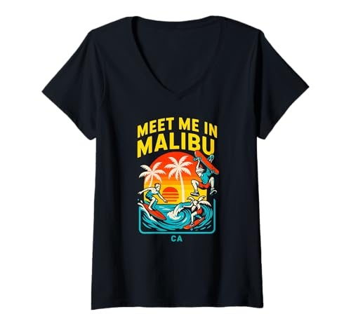 Damen Malibu Surfer Meet Me in Malibu Retro Herren Surfs Up T-Shirt mit V-Ausschnitt von Beachy Vibes Malibu Surfs Up Skateboarding Wear