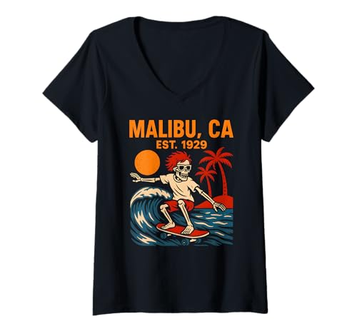 Damen Malibu Surfing Est 1929 Vintage Herren Coastal Living T-Shirt mit V-Ausschnitt von Beachy Vibes Malibu Surfs Up Skateboarding Wear