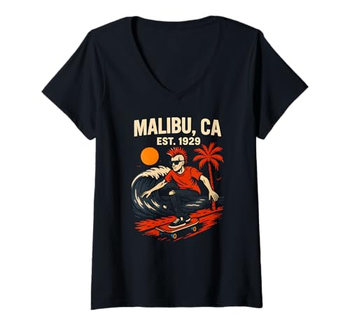 Damen Malibu Surfing Est 1929 Vintage Herren Coastal Living T-Shirt mit V-Ausschnitt von Beachy Vibes Malibu Surfs Up Skateboarding Wear