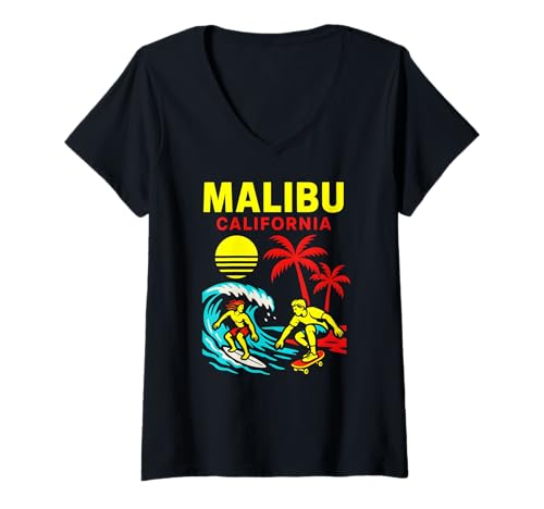 Damen Surfen Malibu California Vintage Herren Beach Life T-Shirt mit V-Ausschnitt Damen Surfen Malibu California Vintage Herren Beach Life T-Shirt mit V-Ausschnitt von Beachy Vibes Malibu Surfs Up Skateboarding Wear