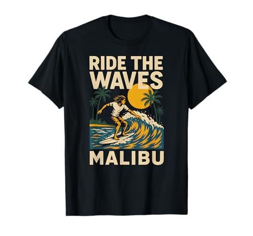 Malibu Ride The Waves Retro Herren Surfs Up Skateboarding T-Shirt von Beachy Vibes Malibu Surfs Up Skateboarding Wear