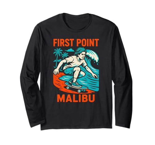Malibu Surfen First Point Vintage Herren Beach Life Langarmshirt von Beachy Vibes Malibu Surfs Up Skateboarding Wear