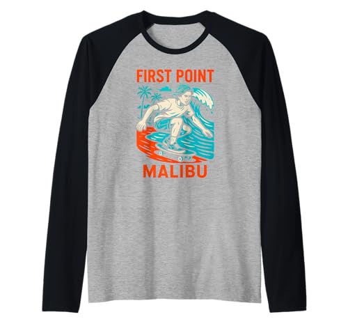 Malibu Surfen First Point Vintage Herren Beach Life Raglan von Beachy Vibes Malibu Surfs Up Skateboarding Wear