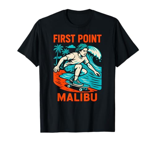 Malibu Surfen First Point Vintage Herren Beach Life T-Shirt von Beachy Vibes Malibu Surfs Up Skateboarding Wear