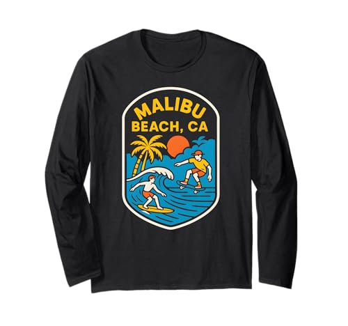 Malibu Surfen Malibu Beach CA Retro Herren Beach Life Langarmshirt von Beachy Vibes Malibu Surfs Up Skateboarding Wear