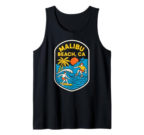 Malibu Surfen Malibu Beach CA Retro Herren Beach Life Tank Top von Beachy Vibes Malibu Surfs Up Skateboarding Wear