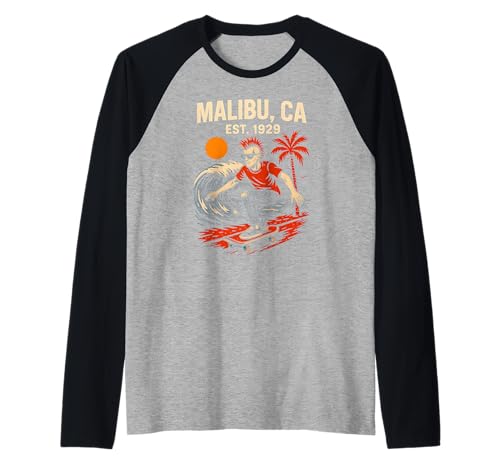 Malibu Surfing Est 1929 Vintage Herren Coastal Living Raglan Malibu Surfing Est 1929 Vintage Herren Coastal Living Raglan von Beachy Vibes Malibu Surfs Up Skateboarding Wear