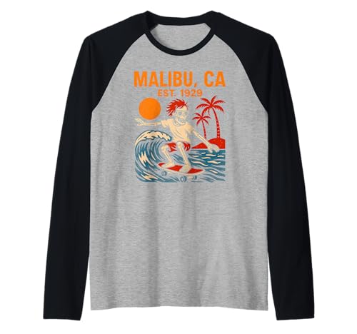 Malibu Surfing Est 1929 Vintage Herren Coastal Living Raglan von Beachy Vibes Malibu Surfs Up Skateboarding Wear