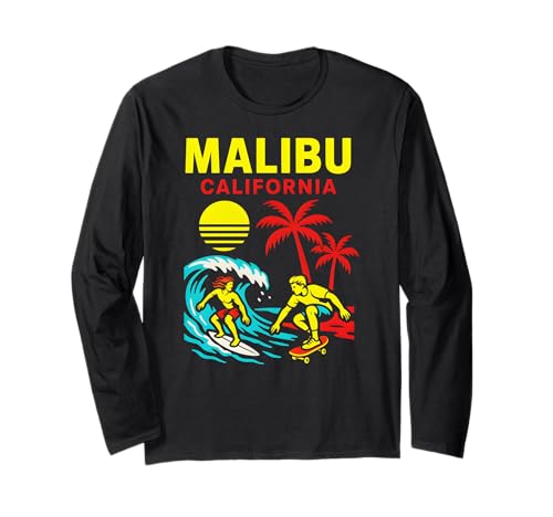 Surfen Malibu California Vintage Herren Beach Life Langarmshirt von Beachy Vibes Malibu Surfs Up Skateboarding Wear