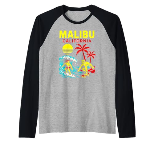 Surfen Malibu California Vintage Herren Beach Life Raglan Surfen Malibu California Vintage Herren Beach Life Raglan von Beachy Vibes Malibu Surfs Up Skateboarding Wear