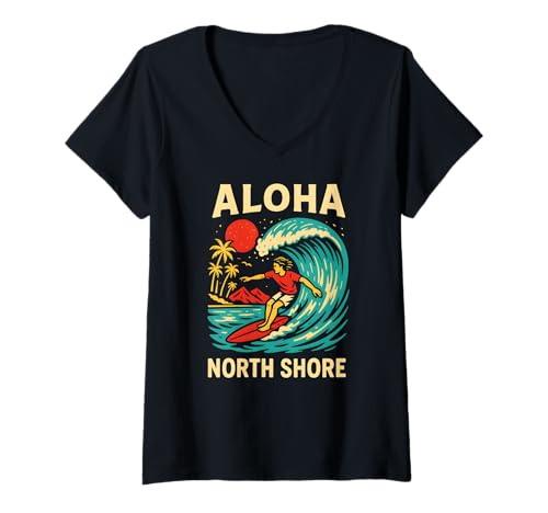 Damen Hawaii Surfer Aloha North Shore Vintage Herren Surfs Up T-Shirt mit V-Ausschnitt Damen Hawaii Surfer Aloha North Shore Vintage Herren Surfs Up T-Shirt mit V-Ausschnitt von Beachy Vibes North Shore Surfs Up Skateboarding