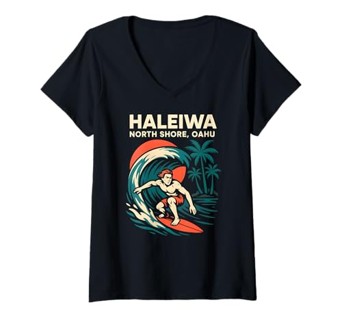 Damen North Shore Surfen Haleiwa Oahu Vintage Herren Surfs Up T-Shirt mit V-Ausschnitt Damen North Shore Surfen Haleiwa Oahu Vintage Herren Surfs Up T-Shirt mit V-Ausschnitt von Beachy Vibes North Shore Surfs Up Skateboarding