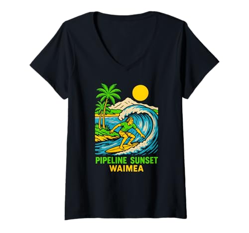 Damen Oahu Hawaii Pipeline Sunset Retro Herren Surfs Up T-Shirt mit V-Ausschnitt Damen Oahu Hawaii Pipeline Sunset Retro Herren Surfs Up T-Shirt mit V-Ausschnitt von Beachy Vibes North Shore Surfs Up Skateboarding