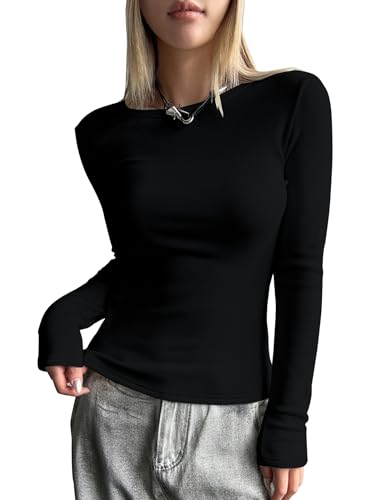 BeadChica Damen Langarmshirts Rundhals Slim Fit Basic Tops Stretch Herbst Mode Ausgehen T-Shirt Bluse, Schwarz, Klein von BeadChica
