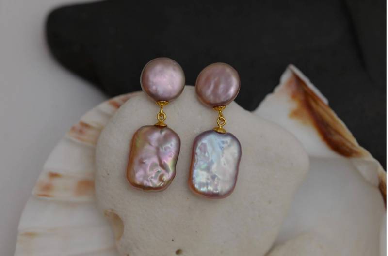 Echte Natürliche Mauve Rosa Süßwasserperle Mit 925 Sterling Gold Ohrringen, Perlenohrringe, Designer Brautperlenohrringe | 6120-Er von BeadHouseJewelry