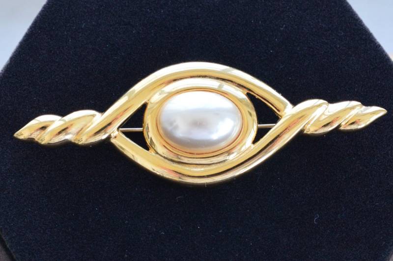 Hübsche Vintage Fauxperle, Gold-Ton Bar Brosche, Napier | T3 Hübsche Vintage Fauxperle, Gold-Ton Bar Brosche, Napier | T3 von Beadazzle27