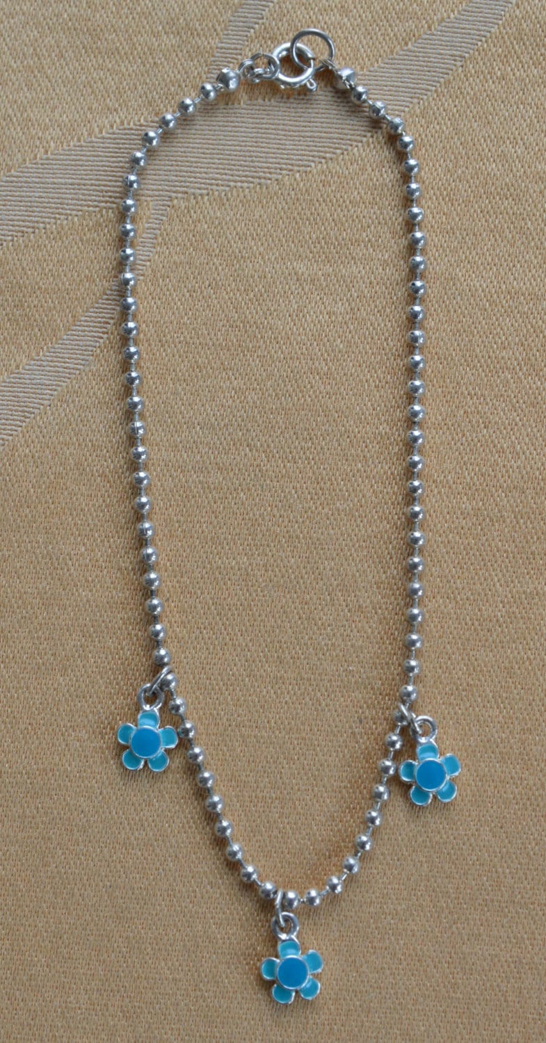 Niedliche Vintage Blaue Emaille Blumen Fußkettchen, Silber Ton, 9-3/4"(D11 von Beadazzle27