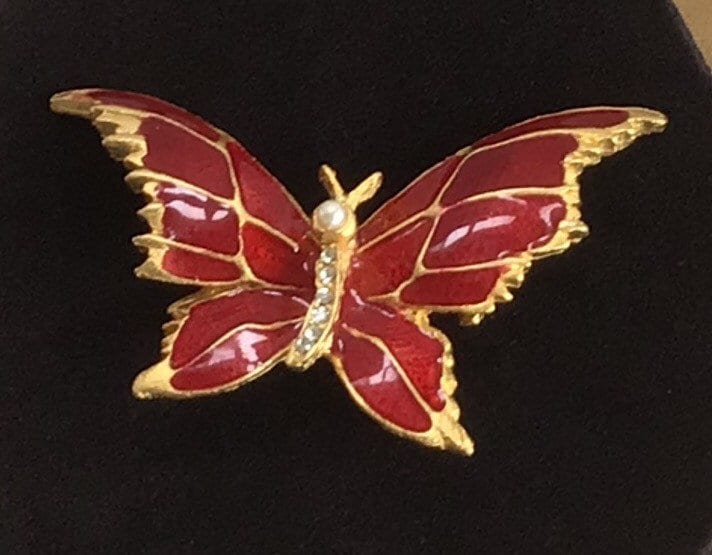 Rote Emaille Schmetterling Brosche, Anstecknadel, Kunstperle, Strasssteine, Goldton, Vintage | Ak7 von Beadazzle27